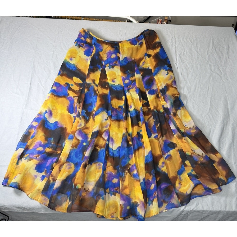 VTG Jones New York 10 Blue Yellow Silk Watercolor Semi-Sheer Skirt Lined‎ Art - Picture 3 of 14